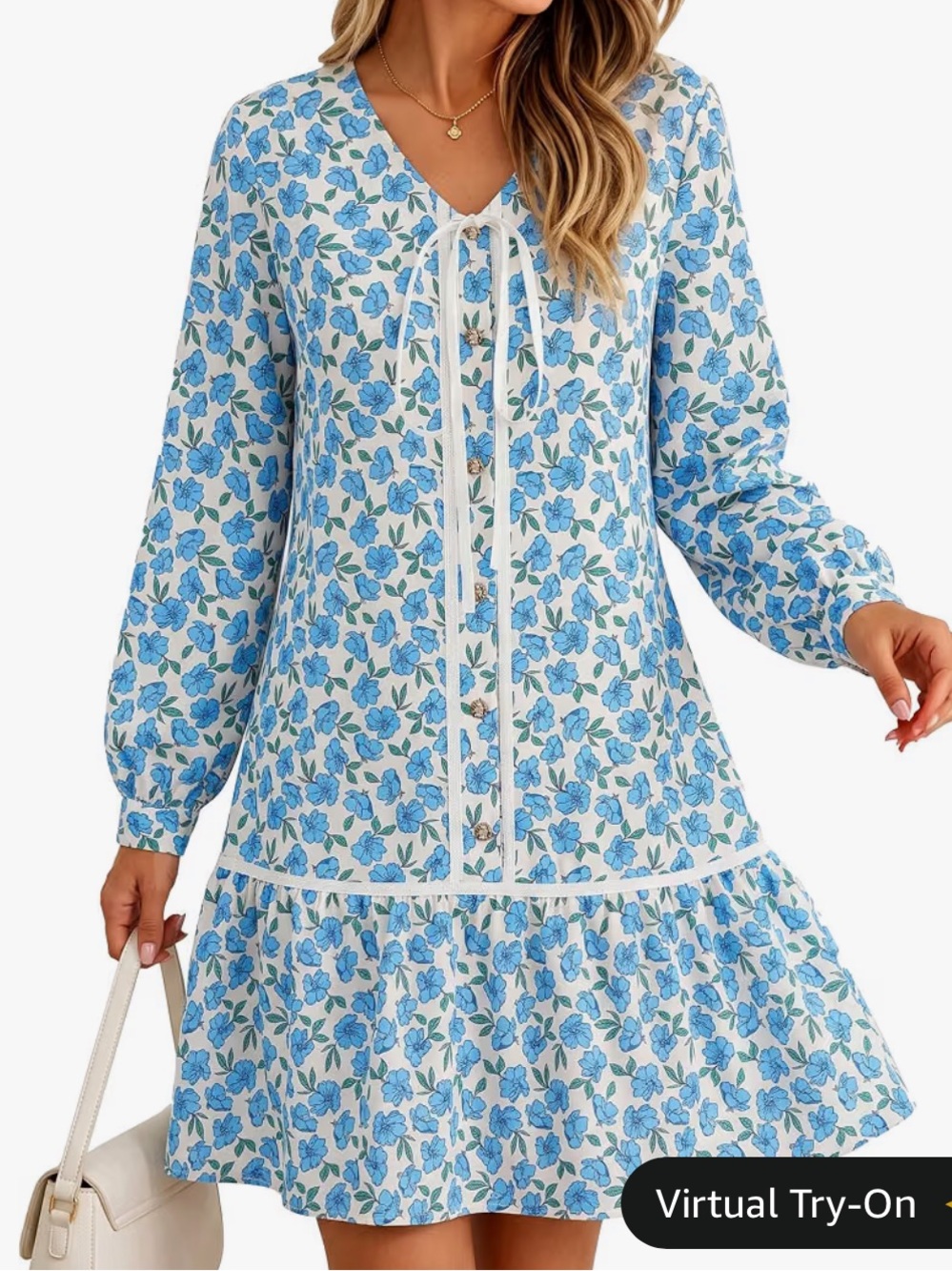 Blue Floral Tie-Front Babydoll Dress